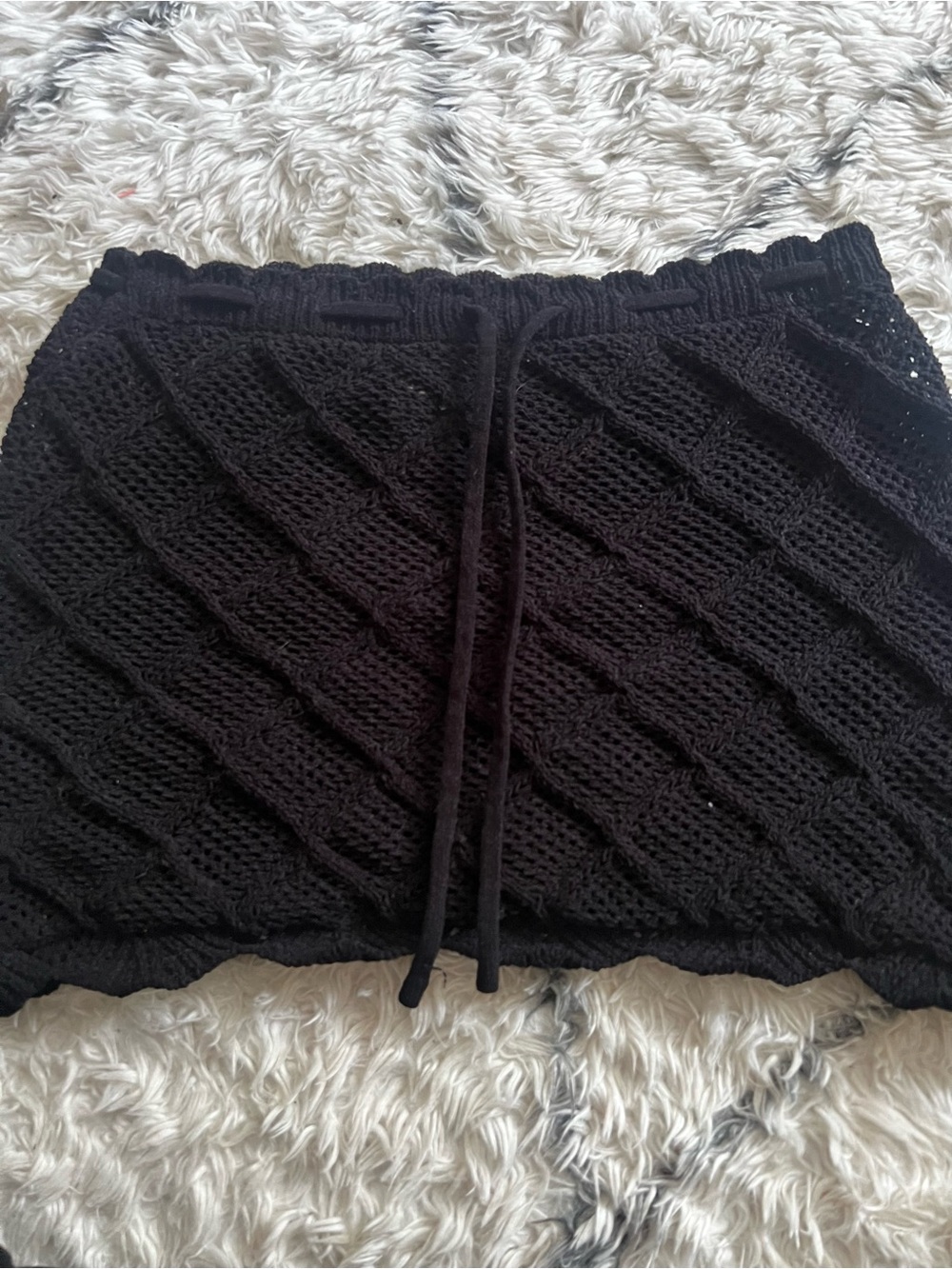 Black Knit Drawstring Cable Mini Skirt